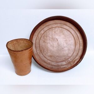 Brown Leather Plate and Cup Set - Handmade